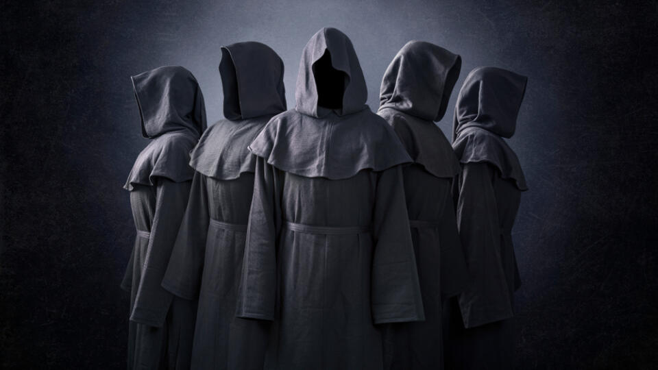 Group,Of,Five,Scary,Figures,In,Hooded,Cloaks,In,The