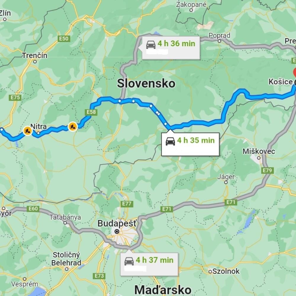 Najrýchlejšia trasa medzi Bratislavou a Košicami ( podľa Google Maps).