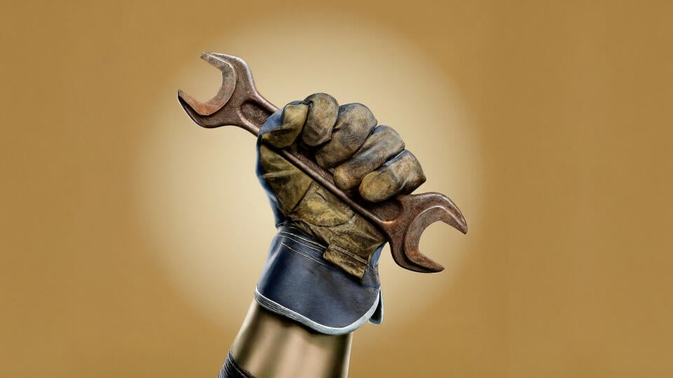 Hand,With,Worn,Work,Glove,Holding,Rusty,Wrench,Tool,,One