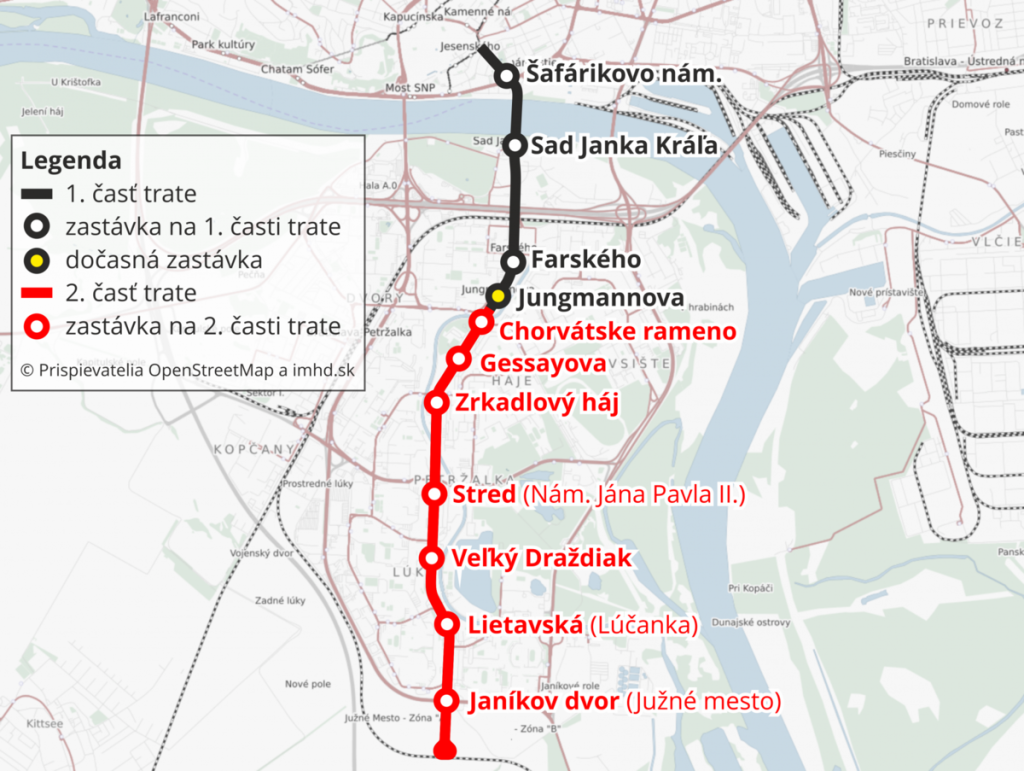 Mapa električkovej trate v Petržalke.