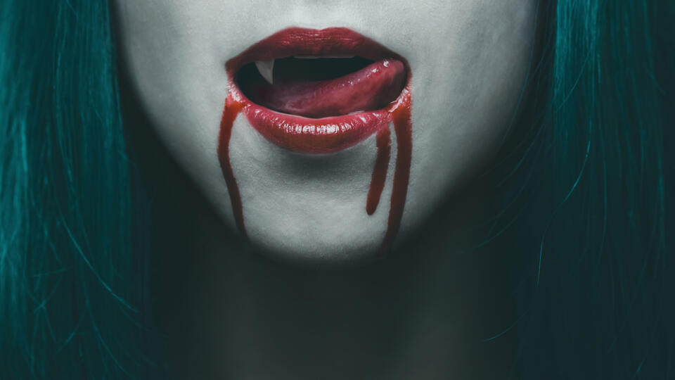 Sensual,Female,Vampire,Lips,In,Blood,,Close-up,Image.,Halloween,Or