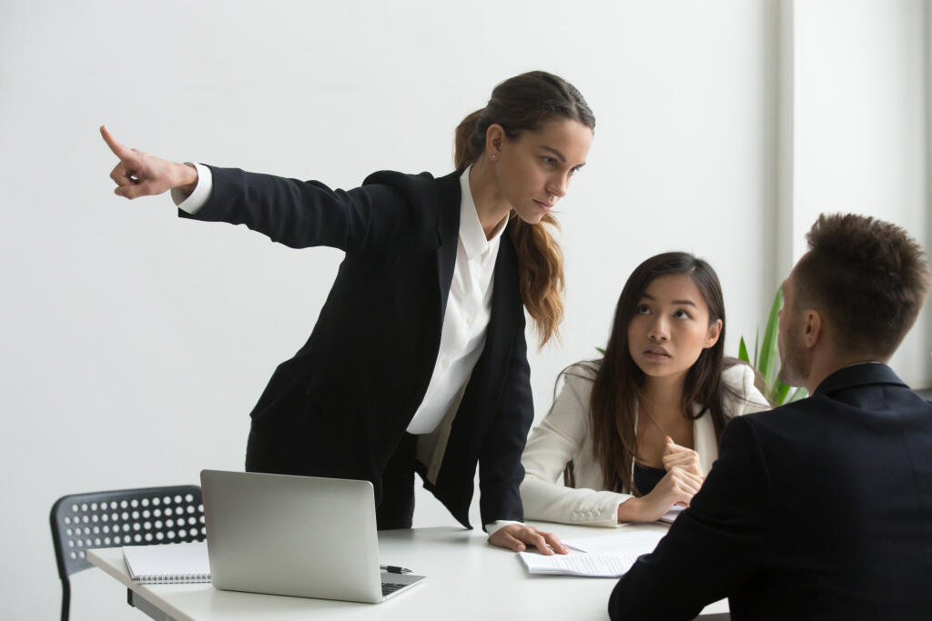Angry,Mad,Female,Hr,Representative,Pointing,At,Door,,Asking,Male