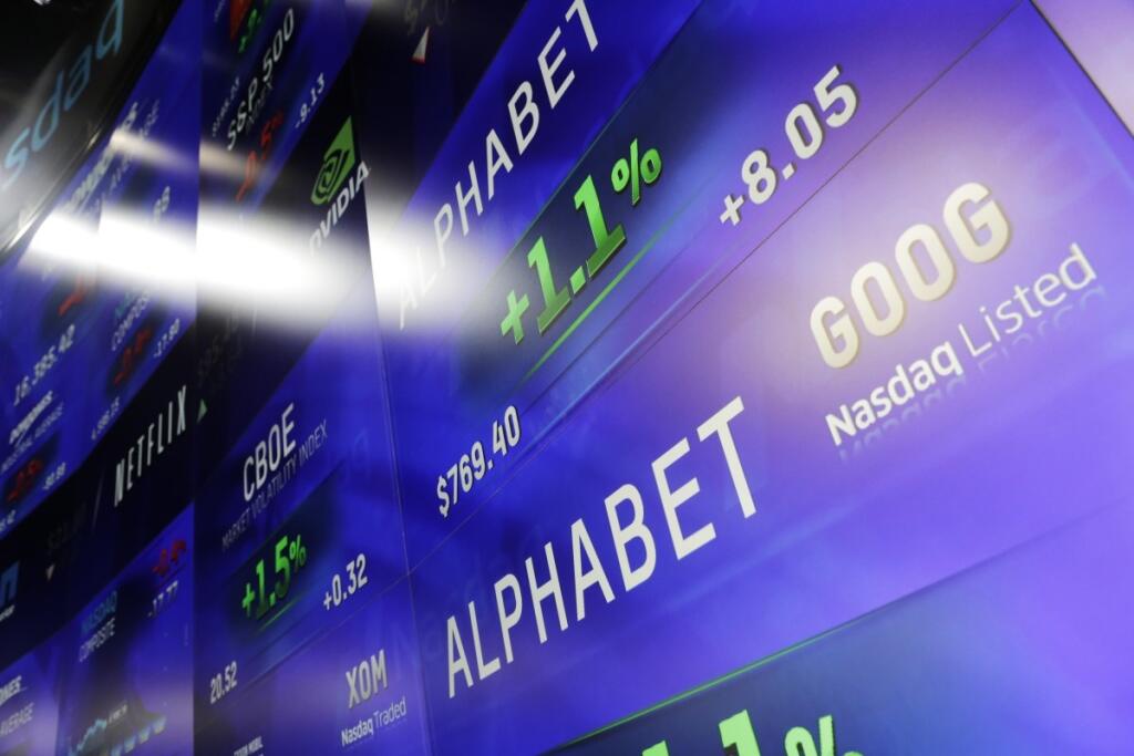 Electronic screens post prices of Alphabet stock, Monday, Feb. 1, 2016, at the Nasdaq MarketSite in New York. Alphabet, the parent company of Google, reports quarterly earnings Monday. (AP Photo/Mark Lennihan)