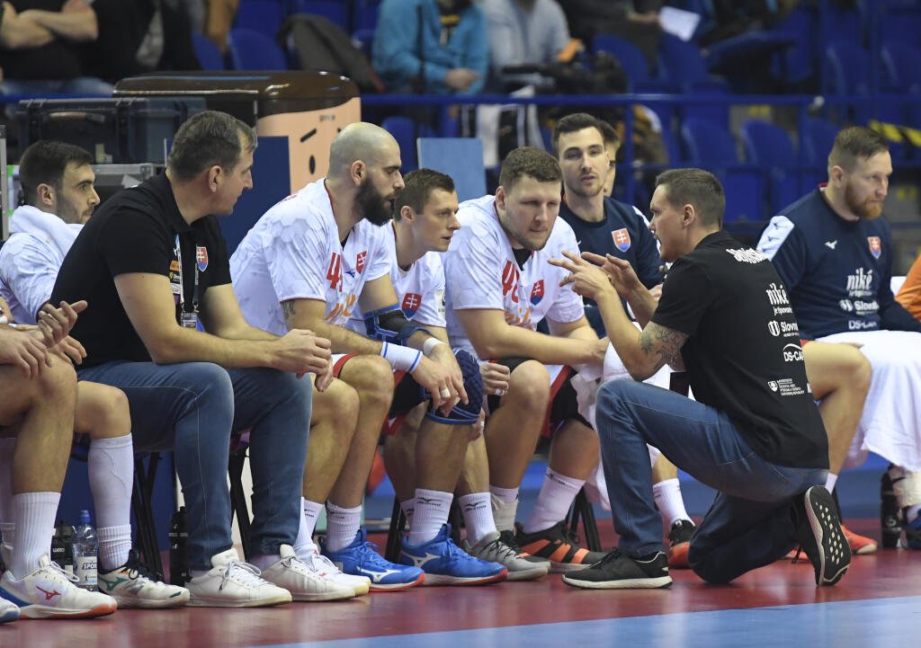 Na snímke lavička Slovenska, chrbtom tréner Peter Kukučka v zápase základnej F-skupiny majstrovstiev Európy v hádzanej mužov Slovensko - Litva.