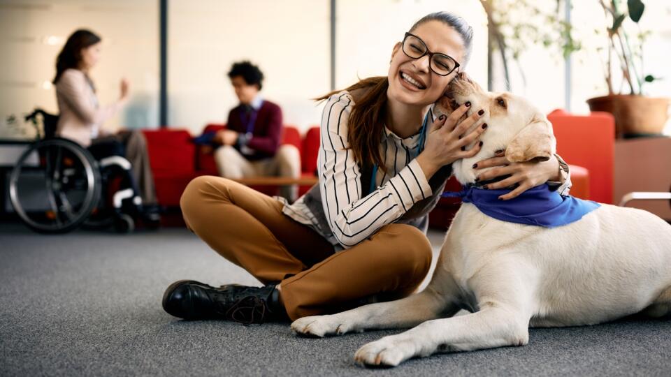 Happy,Entrepreneur,Embracing,Her,Labrador,Therapy,Dog,And,Having,Fun