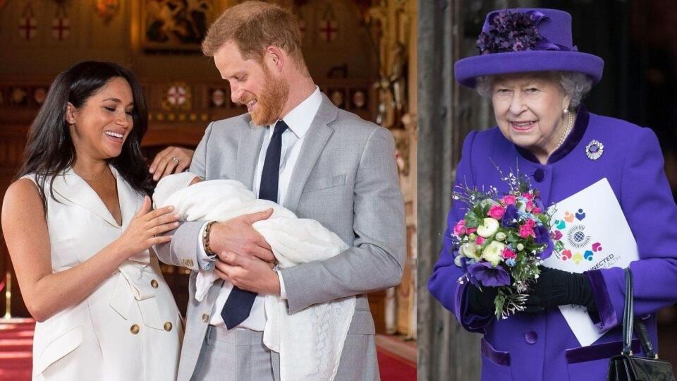 Meghan Markle, Archie Harrison, princ Harry, kráľovná Alžbeta II.