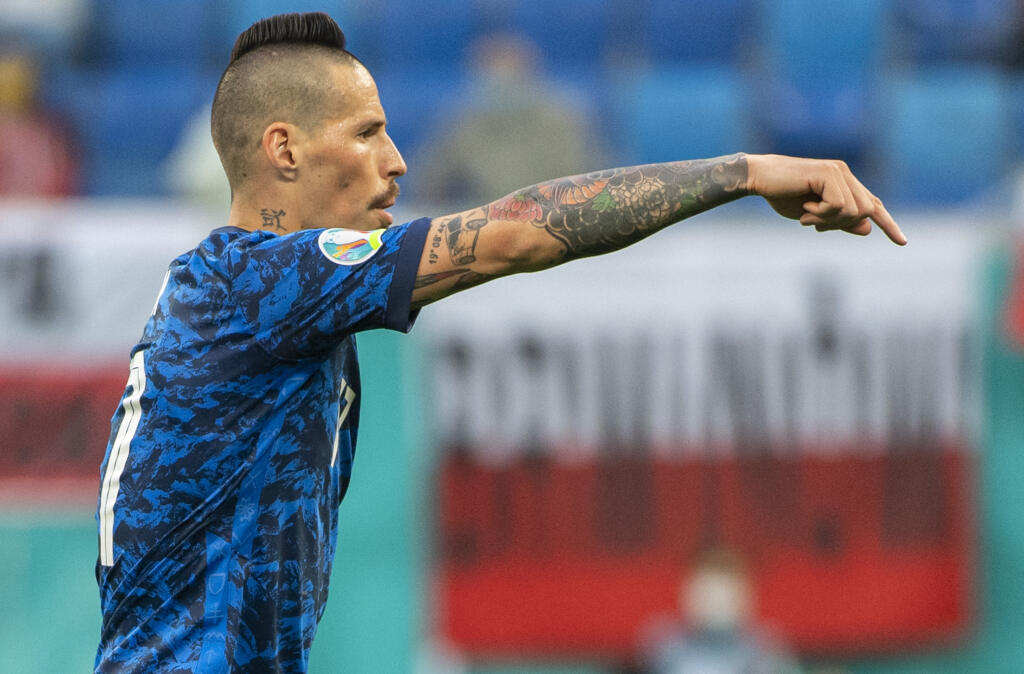 Na snímke kapitán Slovenska Marek Hamšík v zápase E-skupiny na majstrovstvách Európy vo futbale Poľsko - Slovensko 14. júna 2021 v ruskom Petrohrade. FOTO TASR - Martin Baumann