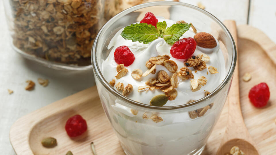 Greek,Yogurt,In,A,Glass,With,Spoons,On,Wooden,Background