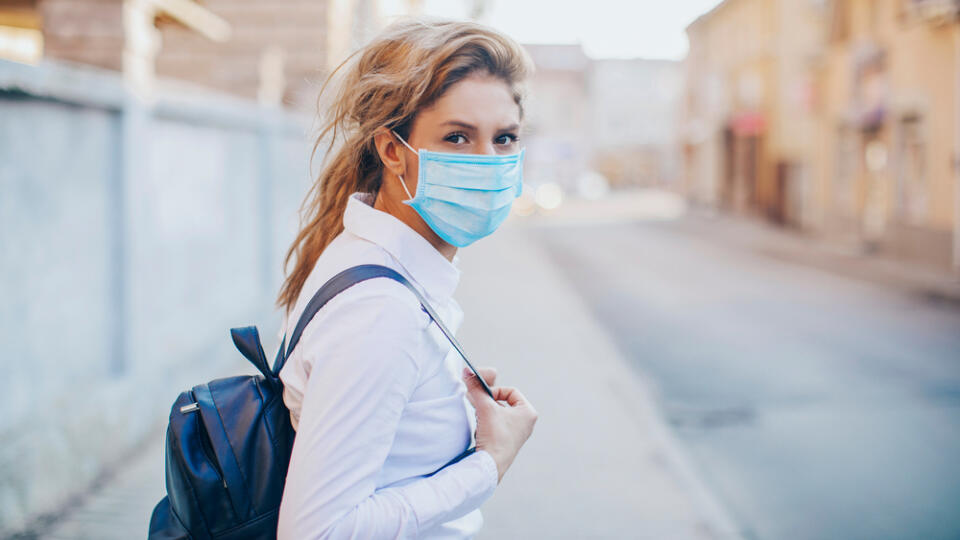 Covid-19,Pandemic,Coronavirus,Woman,In,City,Street,Wearing,Face,Mask