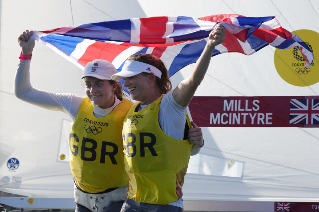 EBE 53 Tokio - Na snímke Britské jachtárky Hannah Millsová a Eilidh McIntyreová sa stali víťazkami na XXXII. letných OH 2020 v Tokiu v triede 470er žien v prístave Enošima v stredu 4. augusta 2021. FOTO TASR/AP
Great Britain's Hanna Mills and Eilidh McIntyre celebrate after winning the women's 470 race at the 2020 Summer Olympics, Wednesday, Aug. 4, 2021, in Fujisawa, Japan. (AP Photo/Gregorio Borgia)