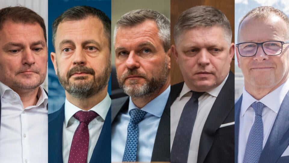 Na kombosnímke zľava lídri strán Igor Matovič (OĽaNO), Eduard Heger (Demokrati), Peter Pellegrini (Hlas-SD), Robert Fico (Smer-SD) a Boris Kollár (Sme rodina).