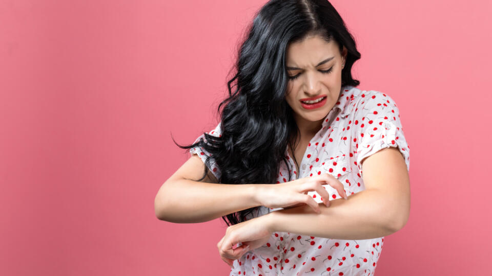 Young,Woman,Scratching,Her,Itchy,Arm.,Skin,Problem.