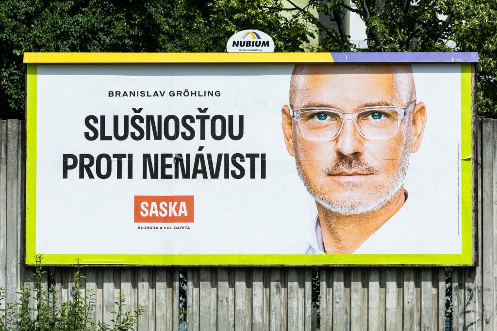 Billboard politickej strany SAS s Branislavom Gröhlingom v Bratislave.