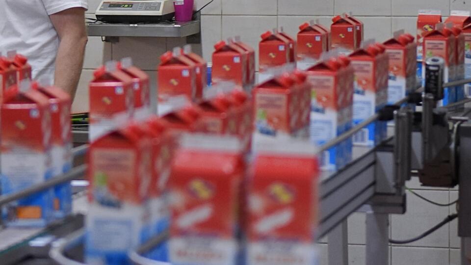 Na snímke zamestnanec kontroluje krabice mlieka na novej plničke mlieka, ktorú spustili do prevádzky v Tatranskej mliekarni v Kežmarku 21. februára 2020. FOTO TASR - Oliver Ondráš