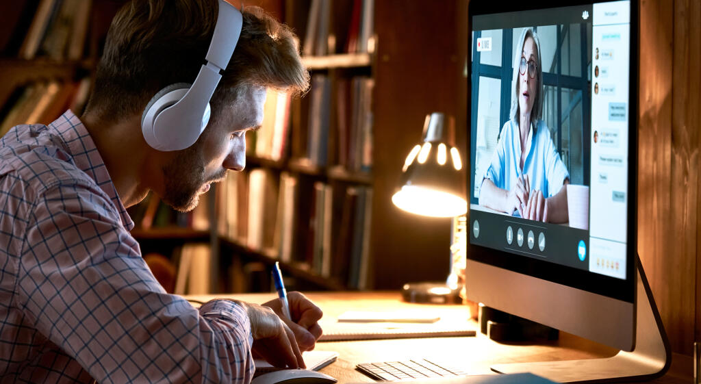Male,Student,Wearing,Headphones,Conference,Video,Calling,,Watching,Webinar,,Online