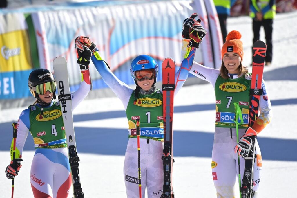 Trojica najlepších z pretekov v obrovskom slalome v rakúskom Soldene.
