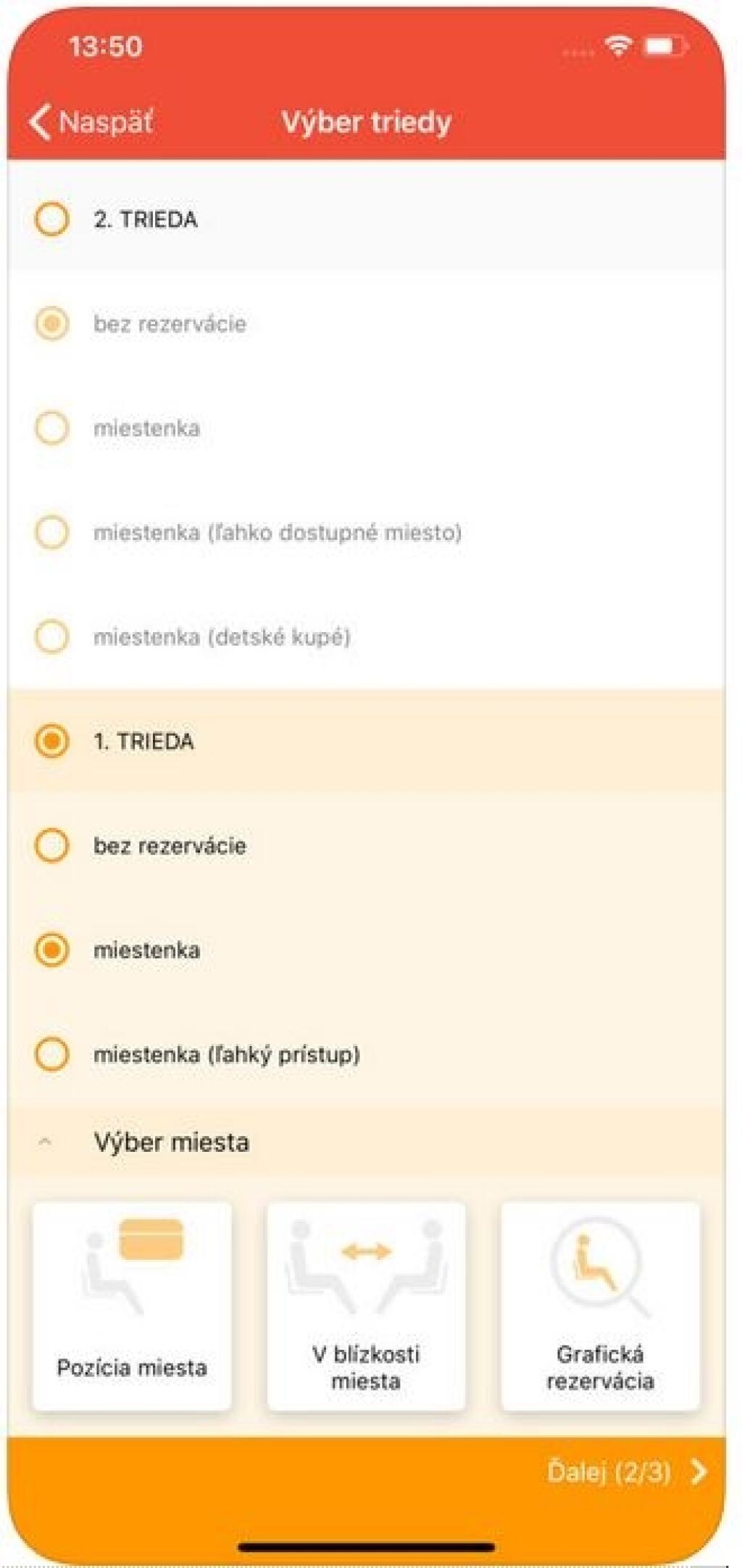 Mobilná aplikácia ZSSK: Výber triedy