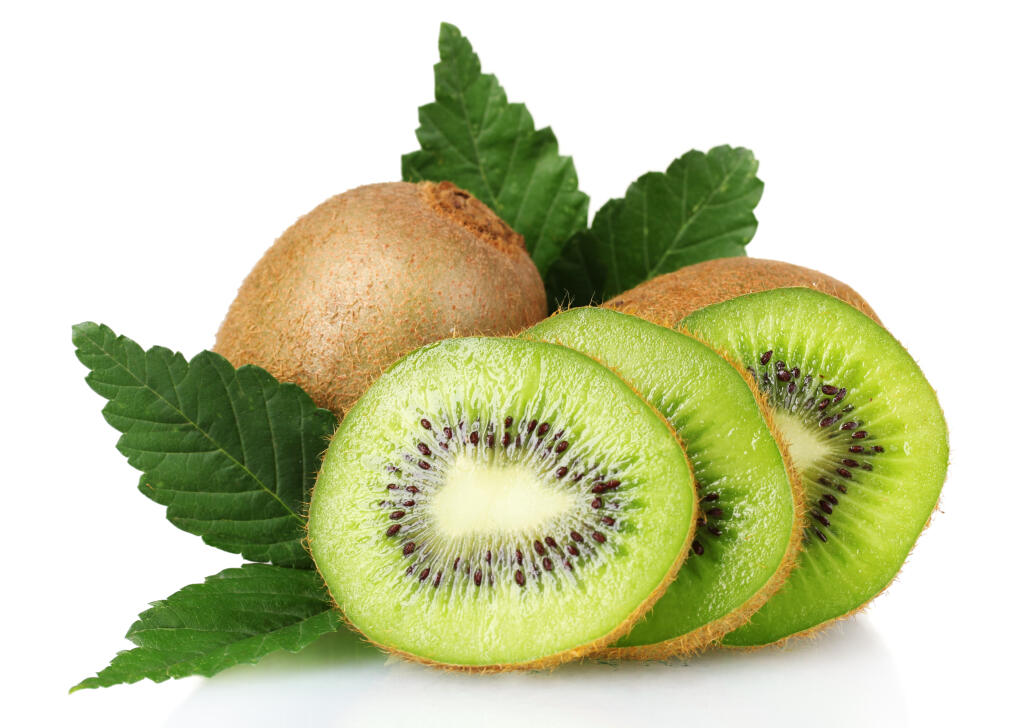 Juicy,Kiwi,Fruit,And,Leaves,Isolated,On,White