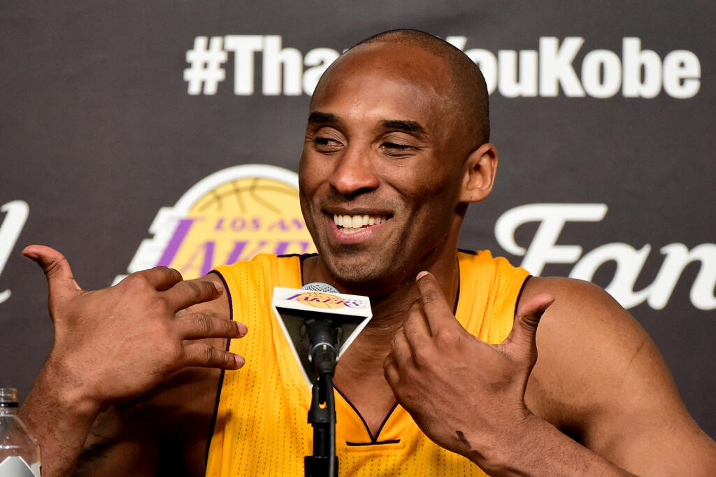 LOS ANGELES, CA - APRIL 13: Kobe Bryant #24 of the Los Angeles Lakers address the media during the post game news conference after scoring 60 point in his final NBA game at Staples Center on April 13, 2016 in Los Angeles, California. NOTE TO USER: User expressly acknowledges and agrees that, by downloading and or using this photograph, User is consenting to the terms and conditions of the Getty Images License Agreement. (Photo by Harry How/Getty Images)