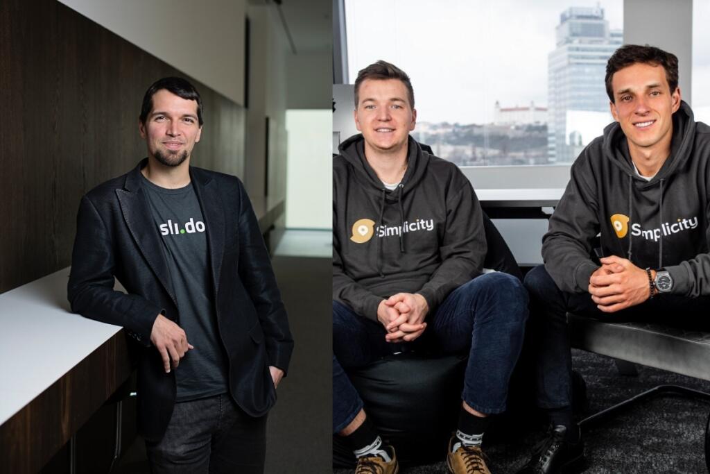 Vľavo zakladateľ Slido Peter Komorník a vpravo na obrázku zakladatelia startupu Simplicity Andrej Krúpa a Juraj Gago.