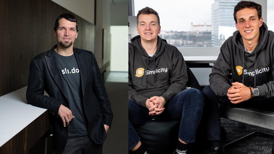 Vľavo zakladateľ Slido Peter Komorník a vpravo na obrázku zakladatelia startupu Simplicity Andrej Krúpa a Juraj Gago.