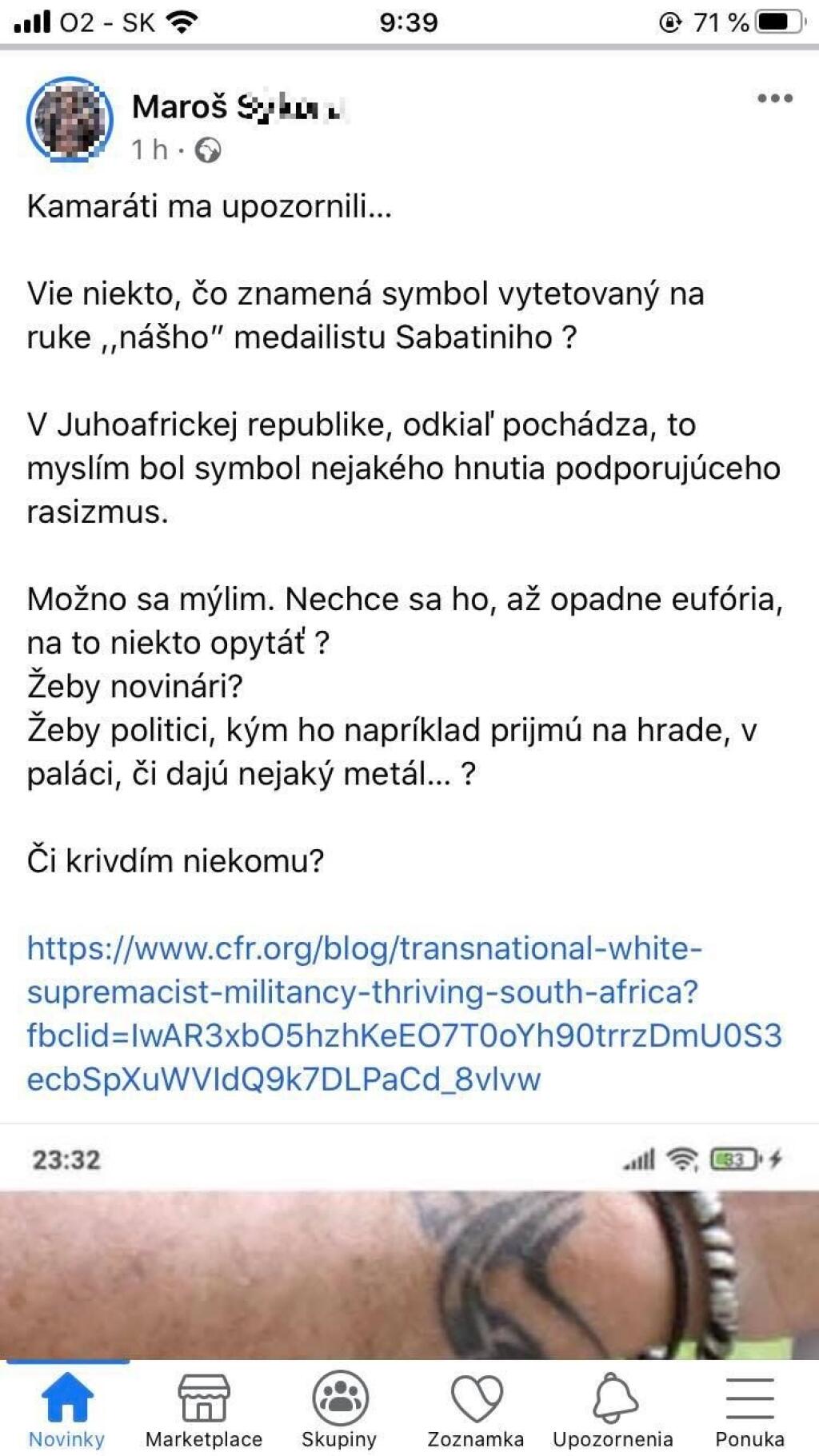 Istý Maroš zdieľal na Facebooku, že Rory Sabbatini má kontroverzné tetovanie.