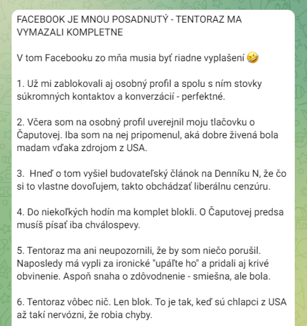 Blahov status na sociálnej sieti Telegram