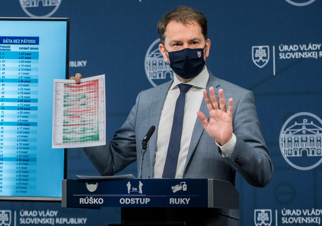 Na snímke predseda vlády SR Igor Matovič počas tlačovej konferencie k priebežným výsledkom skríningového testovania 26. januára 2021 v Bratislave. FOTO TASR - Martin Baumann