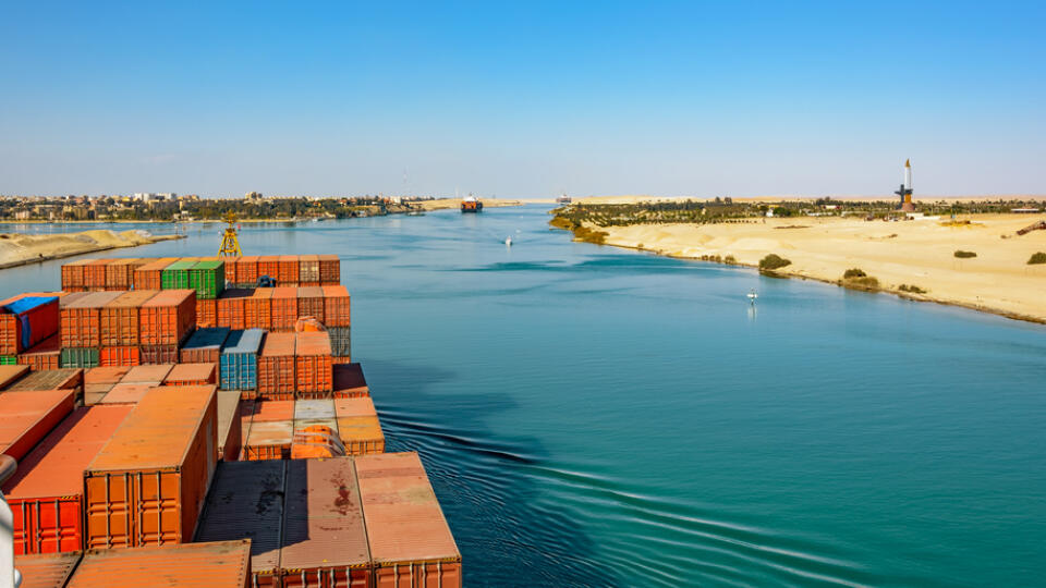Industrial,Container,Ship,Passing,Through,Suez,Canal,With,Ship's,Convoy,