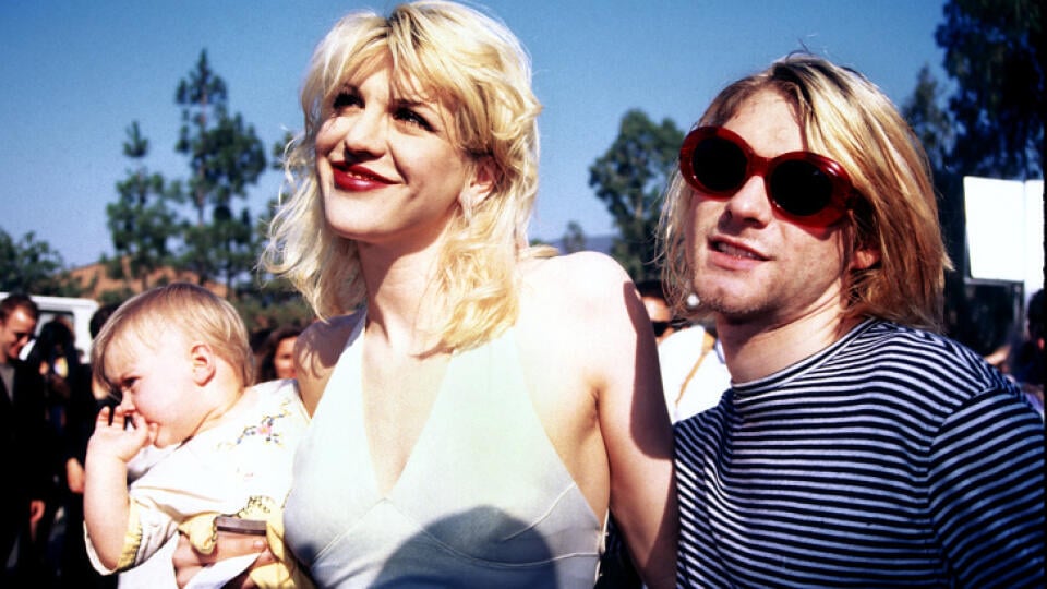 Kurt Cobain, Courtney Love and baby Frances Bean attending the 1993 MTV Music Video Awards in Los Angeles 09/02/93  (Photo by Vinnie Zuffante/Getty Images)