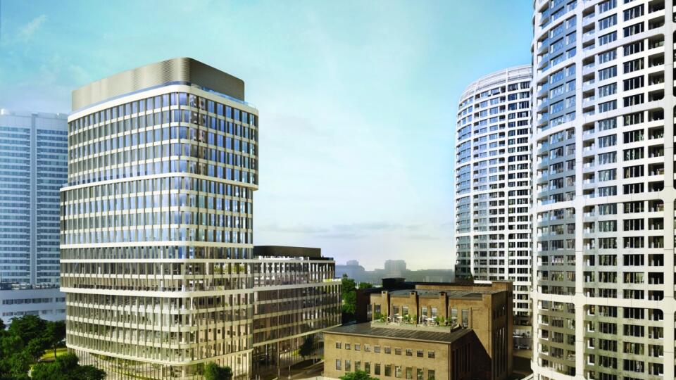 Sky Park - prvá kancelárska budova a Jurkovičova tepláreň medzi bytovými vežami