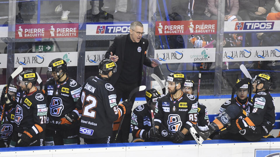 Na snímke lavička Košíc, uprostred tréner Košíc Dan Ceman v zápase 50. kola hokejovej Tipos extraligy HC Košice – HK Dukla Trenčín 8. marca 2024 v Košiciach. FOTO TASR – František Iván