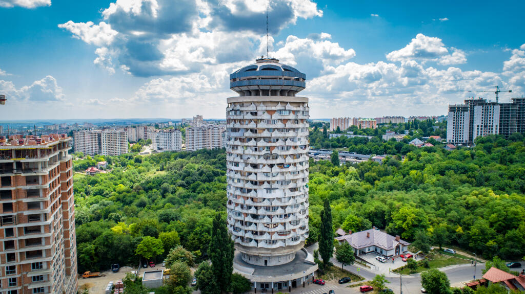Soviet round multi-story building in Chisinau, Moldova called Romashka or english version Chamomile