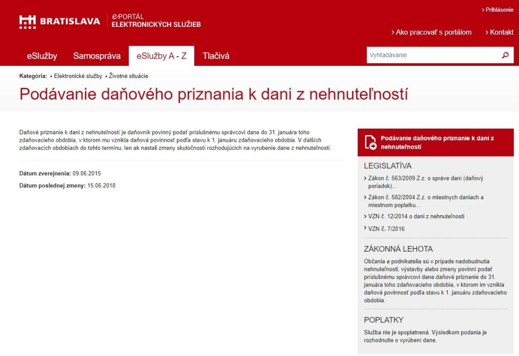 Elektronické podávanie daňového priznania k dani z nehnuteľnosti (mesto Bratislava)
