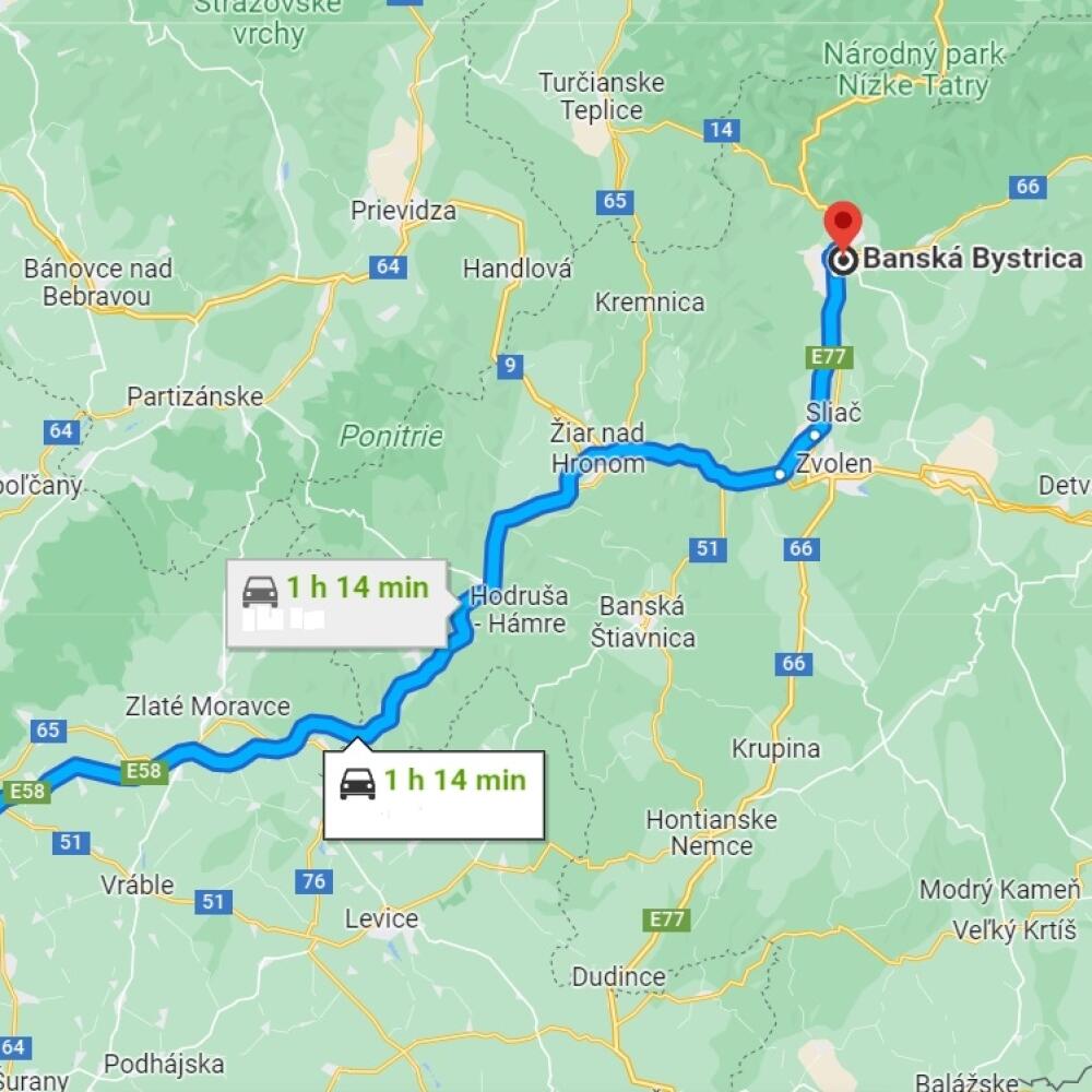 Najrýchlejšia trasa medzi Nitrou a Banskou Bystricou ( podľa Google Maps).