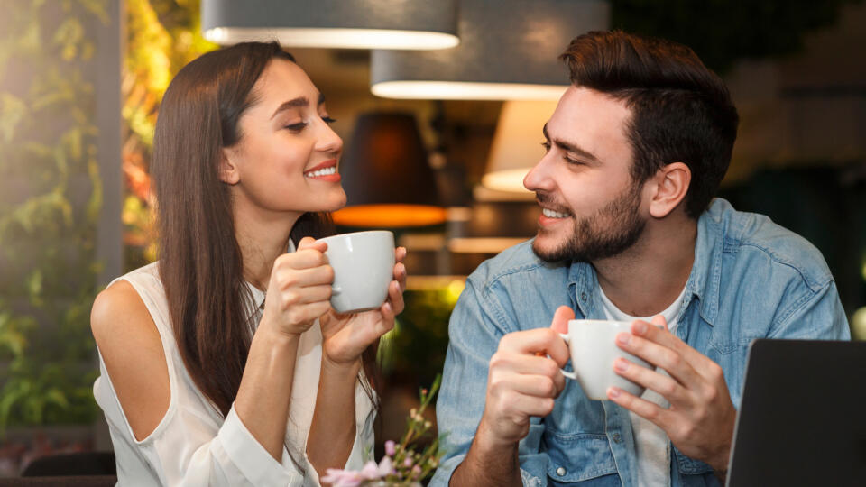 Dating.,Young,Couple,Tasting,Coffee,Drinks,Enjoying,Flirt,And,Conversation