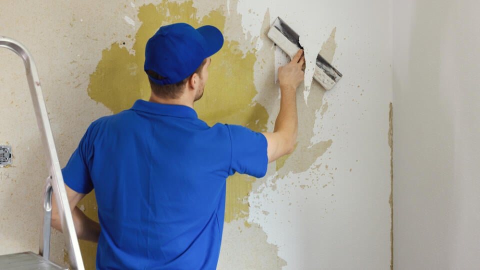 Worker,Removing,Old,Painted,Wallpaper,From,The,Wall.,House,Renovation