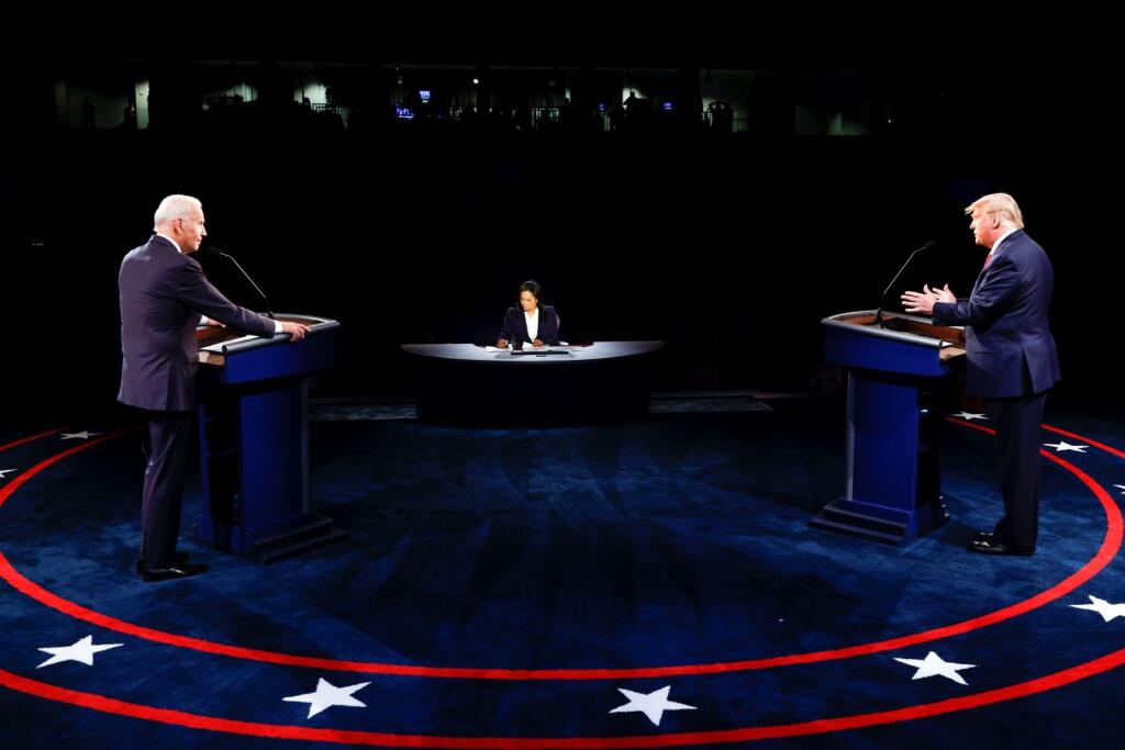 President Donald Trump and Democratic presidential candidate former Vice President Joe Biden participate in the final presidential debate at Belmont University, Thursday, Oct. 22, 2020, in Nashville, Tenn.