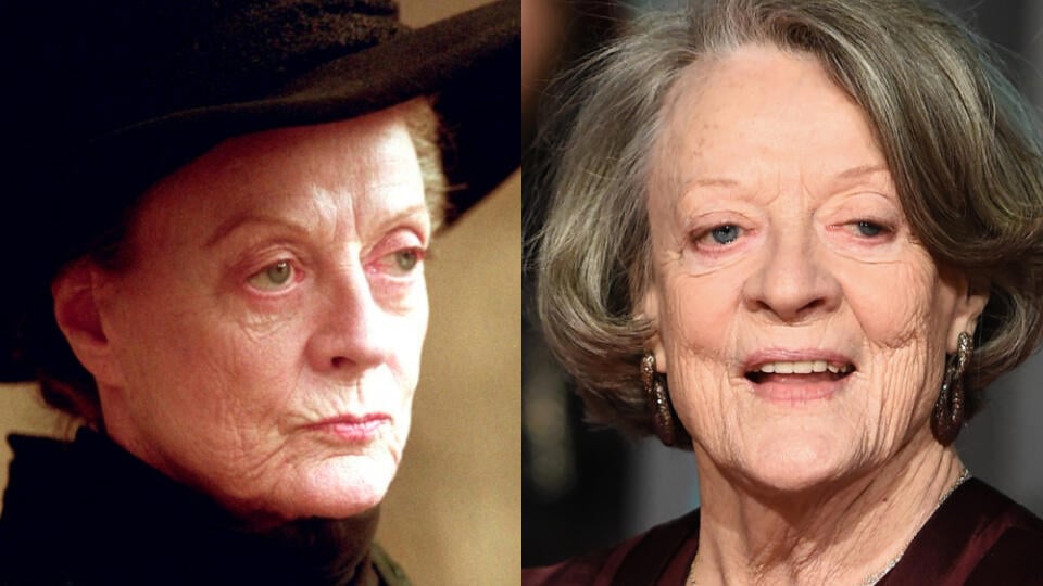 Britská herečka Maggie Smith vo filme Harry Potter a väzeň z Azkabanu a na zábere z roku 2016