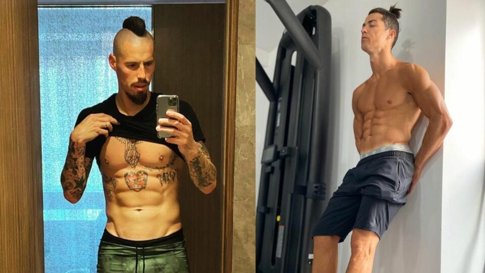 Marek Hamšík a Cristiano Ronaldo predviedli svoje vypracované brušné svaly.