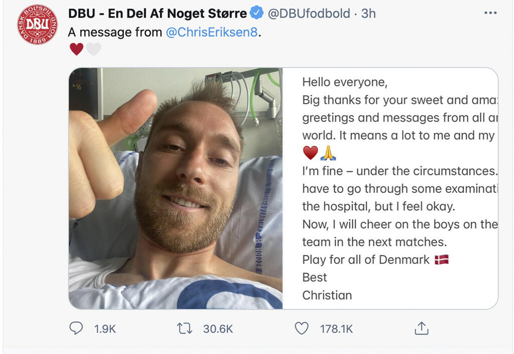 Dánsky futbalista Christian Eriksen zdieľal na instagrame fotku, na ktorej sa usmieva a ukazuje palec hore zo svojej postele v nemocnici v Kodani v utorok 15. júna 2021. Poďakoval sa všetkým fanúšikom za podporu a odkázal, že sa za