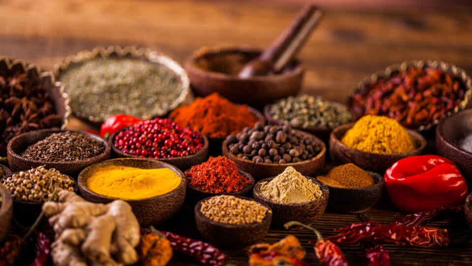 Wooden,Table,Of,Colorful,Spices