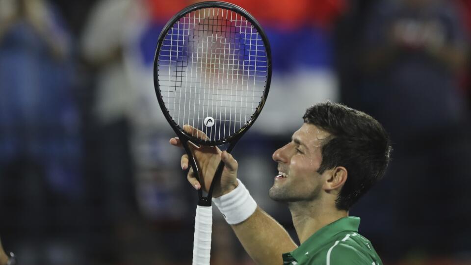 EBE 22 Dubaj - Na snímke srbský tenista Novak Djokovič postúpil do 2. kola dvojhry na turnaji ATP v Dubaji, keď v 1. kole zdolal Tunisana Maleka Jaziriho 6:1, 6:2 v pondelok 24. februára 2020. FOTO TASR/AP
Serbia's Novak Djokovic celebrates after he beats Tunisia's Malek Jaziri in a match of the Dubai Duty Free Tennis Championship in Dubai, United Arab Emirates, Monday, Feb. 24, 2020. (AP Photo/Kamran Jebreili)