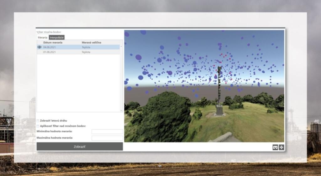 Vizualizácia neviditeľných parametrov teploty, tlaku a vlhkosti vzduchu v 3D modeli v geografickom informačnom systéme.