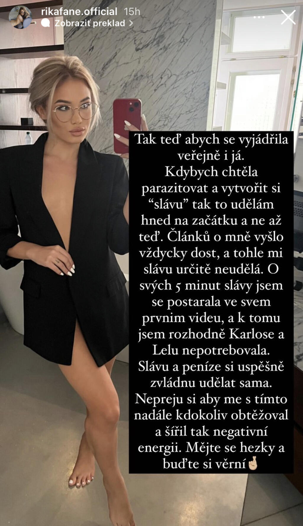 Naštvaná Rika Fane po prvom preslove Lely zverejnila následne svoju verziu. Pôvodne sa nechcela vyjadrovať, no svoj sľub už porušila niekoľkokrát.