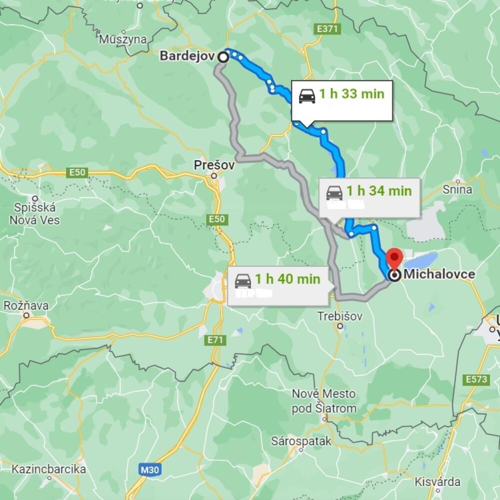 Najrýchlejšia trasa medzi Bardejovom a Michalovcami ( podľa Google Maps).