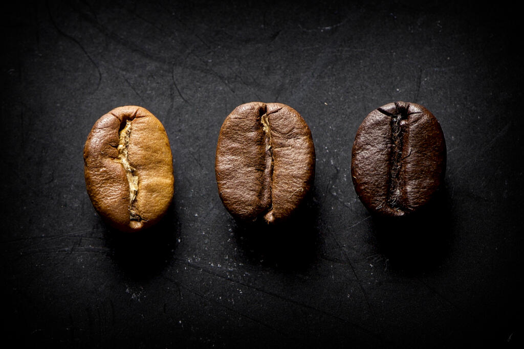 3 coffee beans of different toast in a black background