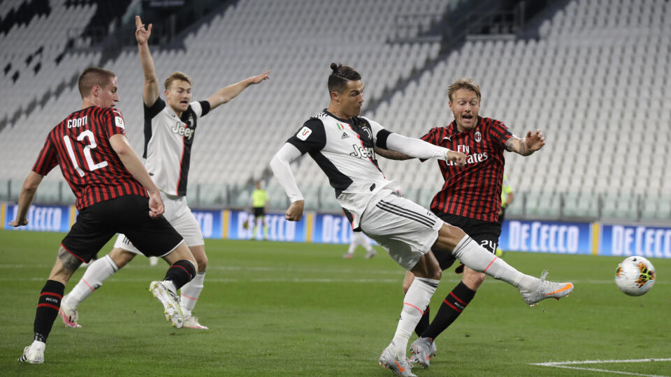 JB 46 Turín - Hráč Juventusu Cristiano Ronaldo kope do lopty vo futbalovom zápase odvety semifinále Talianskeho pohára Juventus Turín - AC Miláno v Turíne 12. júna 2020. FOTO TASR/AP

 Juventus' Cristiano Ronaldo gets in a shot during an Italian Cup second leg soccer match between Juventus and AC Milan at the Allianz stadium, in Turin, Italy, Friday, June 12, 2020. The match was being played without spectators because of the coronavirus lockdown. (AP Photo/Luca Bruno)