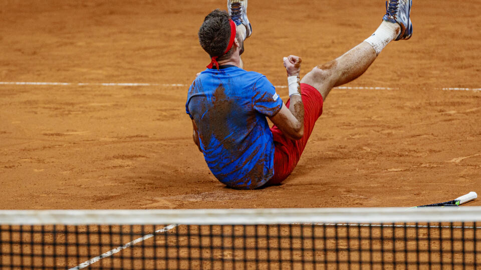 Na snímke víťazná radosť Jiřího Veselého po skončení kvalifikačného duelu o postup na finálový turnaj Davisovho pohára Slovensko - Česko.