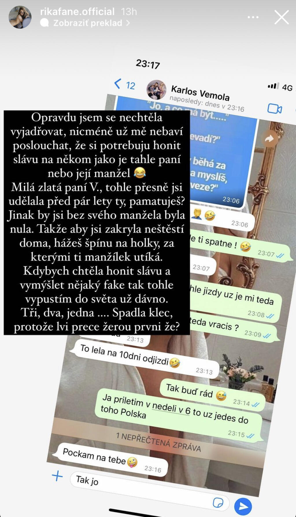 Česká pornoherečka následne zverejnila aj obrázok konverzácie s Vémolom a s českým bojovníkom priznala pomer.